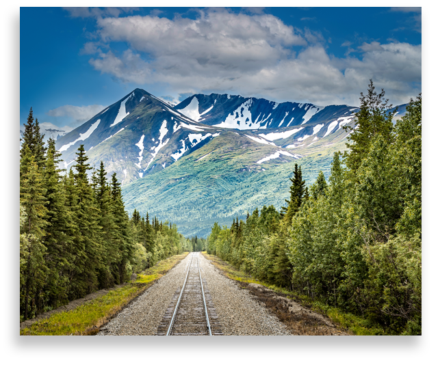 Railroad to Denali National Park, Alaska with impressive mountains